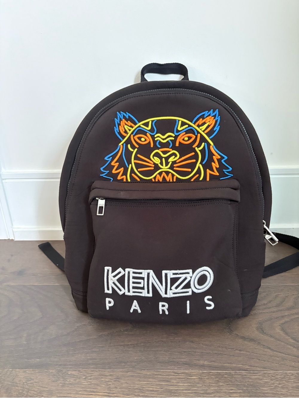 Kenzo Paris Black Neoprene Backpack with Multicolor Neon Tiger Embroidery - Picture 2 of 6